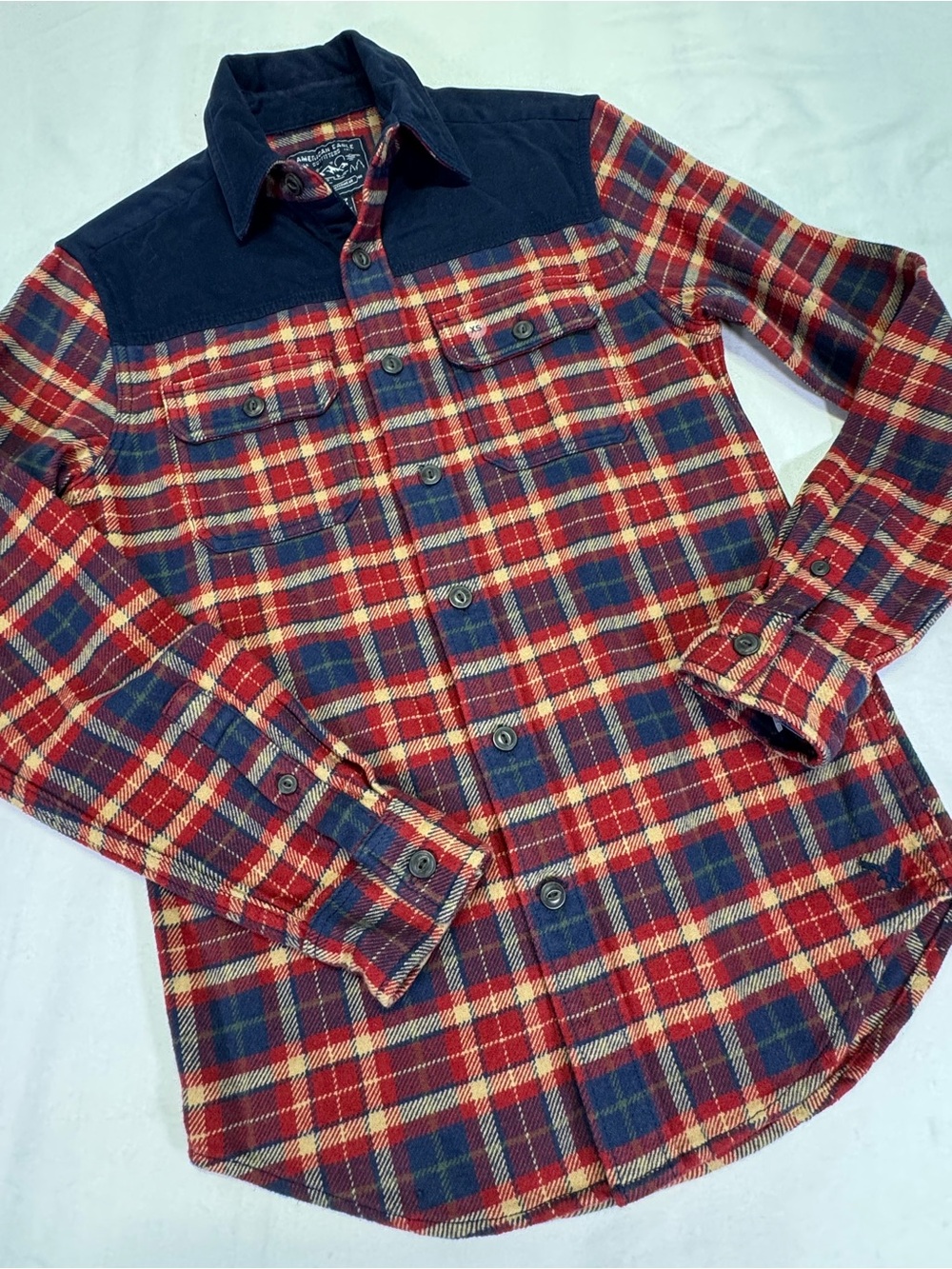 American Eagle Outfitters Red and Navy Plaid Button-Down Shirt